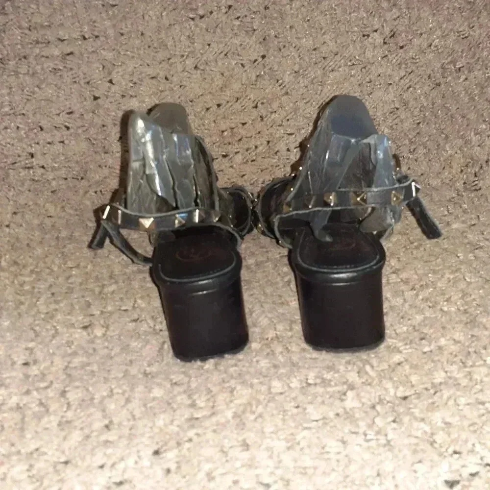 ASH-Iggy-Studded Black Leather-Ankle Strap Heel Sandals-Sz 41/10-Excellent